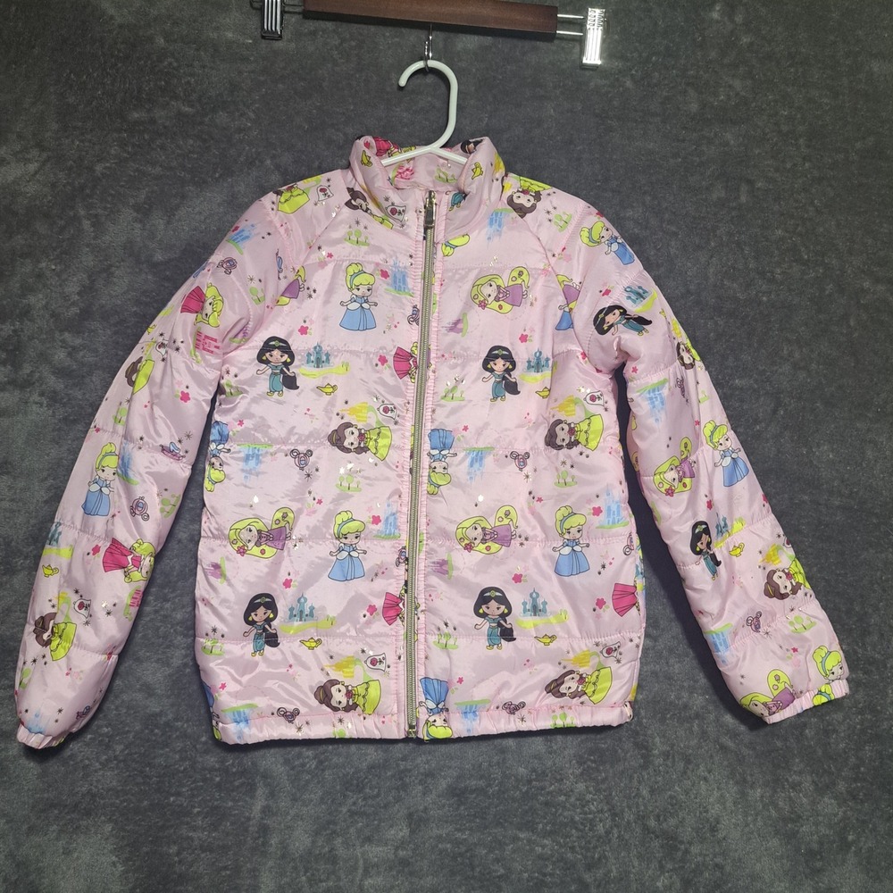 Disney Princess Pink Puffer Jacket Girls Size 5/6 Chibi Jasmine Belle Cinderella